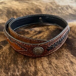 Men's Brown Tooled Leather Belt with Decorative Concho